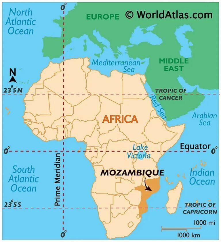 African map indicating Mozambique's location.