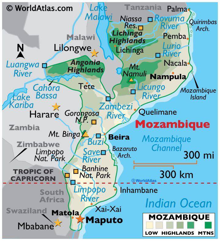 Map of Mozambique showing the different provinces and towns