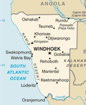Map of Namibia showing the main towns