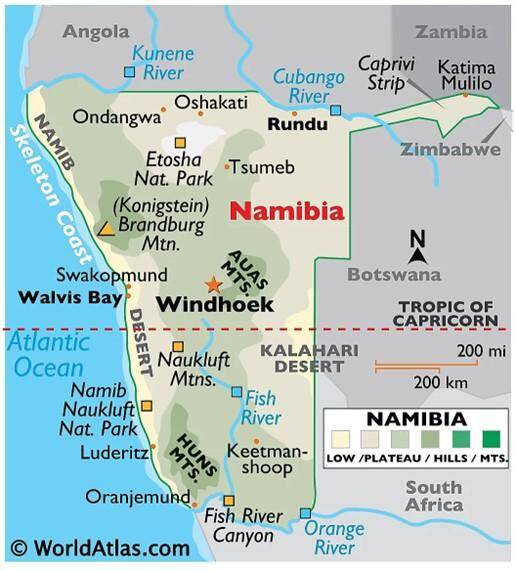 Map of Namibia showing main towns