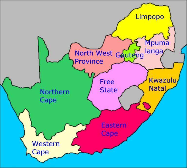 Map of South Africa showing the provinces
